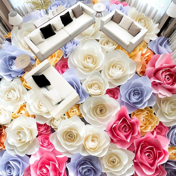 Sfondi Carta da parati 3D Fiori di rose romantiche Piastrelle per pavimenti Murale Soggiorno Indossare Antiscivolo Impermeabile Ispessito Autoadesivo