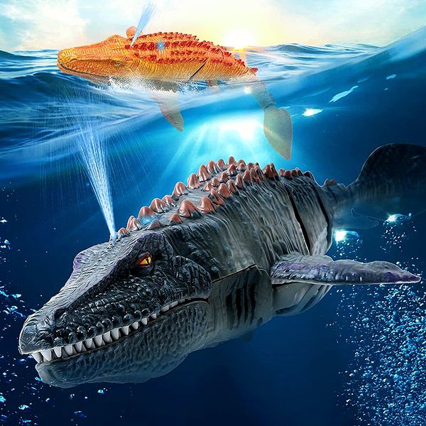 ElectricRC Barche Telecomando Mosasaur Giocattolo subacqueo Barca Luce Spray Dinosauro Giocattoli sottomarini Acqua all'aperto per bambini Regali per ragazzi 230616