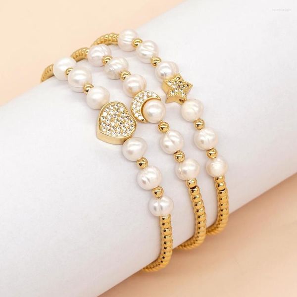 Strand YASTYT Süßwasserperle Goldene Perle Freundschaftsarmbänder Für Frauen CZ Kubikzircon Stern Herz Mond Charme Verstellbarer Schmuck