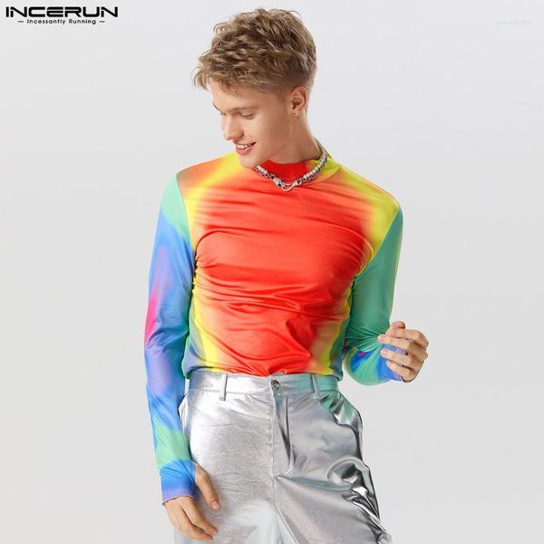 Männer T-Shirts INCERUN Männer Hemd Tie Dye Bunte Rollkragen Langarm Mode Kleidung Streetwear 2023 Unterhemd Casual Camisetas 5XL