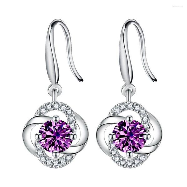 Brincos Pendentes S925 Prata Esterlina Jóias da Moda Feminina Cristal Roxo Zircônia Flor Trevo de Quatro Folhas Longa Borla