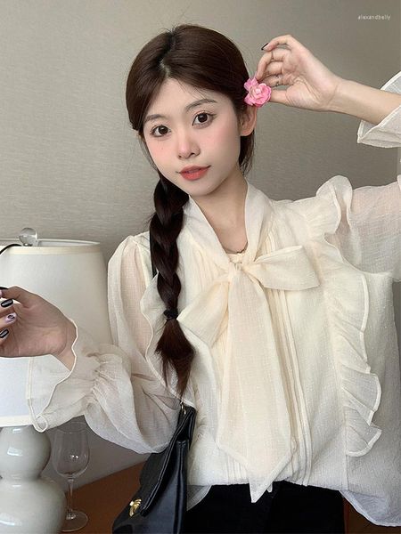 Camicette da donna Camicetta vintage con volant Camicie bianche eleganti da donna a maniche lunghe primavera autunno con fiocco coreano