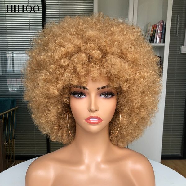 Cosplay Perucas Cabelo Curto Afro Kinky Curly Wig With Bang's wigs Blonde Pink Synthetic Halloween Black Blue Red Brown 230617