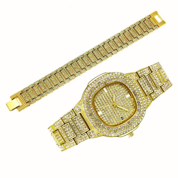 Orologi da polso Mens Iced Out Watch Bracciale in oro per uomo Business Orologio da polso al quarzo Hip Hop Set Orologi di moda di lusso Reloj Hombre