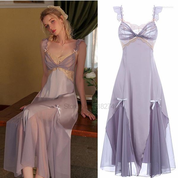 Damen-Nachtwäsche, lila Nachtkleid, Damen-Dessous, 2023, Spitzen-Satin-Nachthemd, sexy rückenfreies Schlafkleid, tiefer V-Ausschnitt, Perspektiven-Nachtwäsche