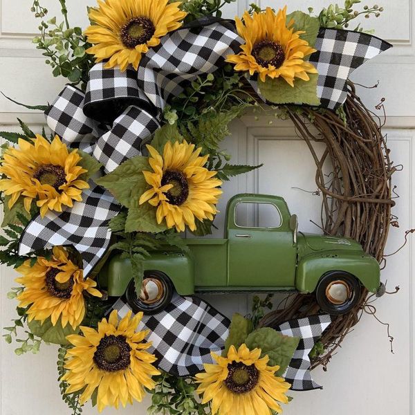 Dekorative Blumen Weihnachten für Kamin Kranz Rahmen Schaum grün Vintage LKW J Sommer Sonnenblume Türschild Dekoration