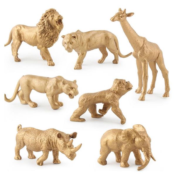 Oggetti decorativi Figurine 7PCS Versione in oro Simulazione Parco faunistico Modello animale Giocattoli Foresta di plastica Giungla Leone Action Figures Giocattolo educativo 230616