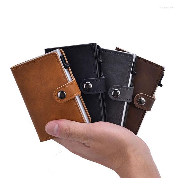 Sacos de armazenamento carteira masculina vintage titular do cartão de identificação automática masculino metal bolsa de couro snap 2023