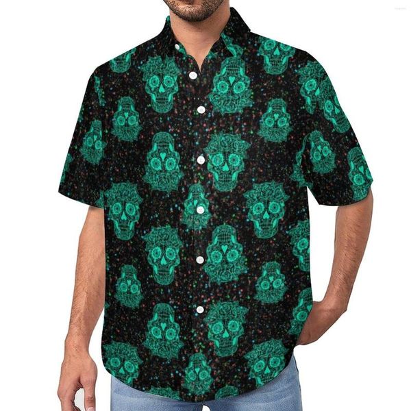 Мужские повседневные рубашки сахарная череп припечаток на свободный рубашка мужская пляж Черно -зеленый гавайский заказ короткие рукава Y2K Негабаритные блузки