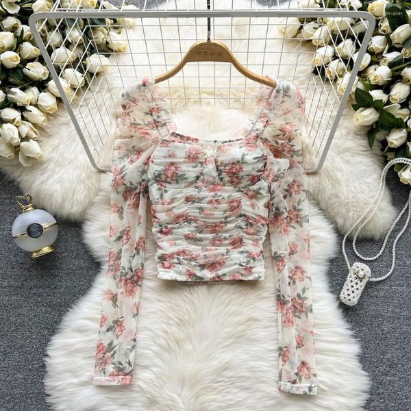 Женские блузки женщины сладкий цветочный принт блузя 2023 весенняя осенняя стройная квадратная воротничка сгиба