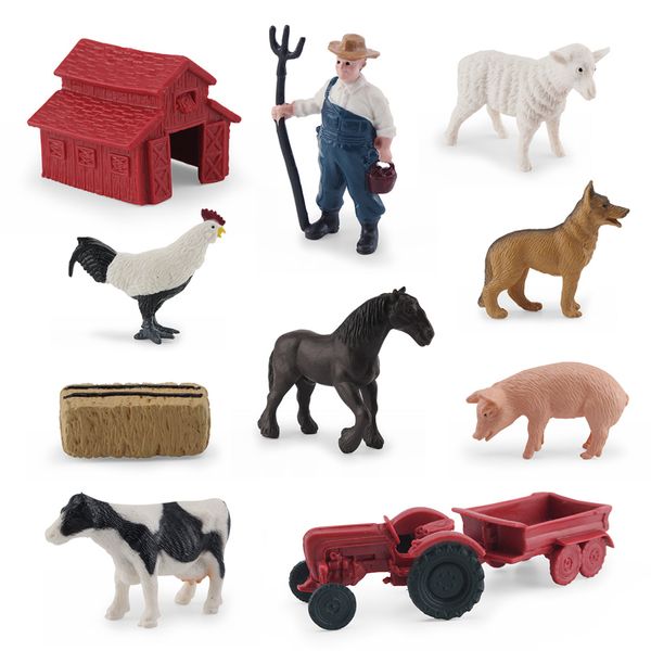 Action Toy Figures 10PCS Plástico Down on the Farm Playset Trator Fardo de Feno com Animais Brinquedos Educativos Decoração para Casa Presente de Aniversário de Natal 230617