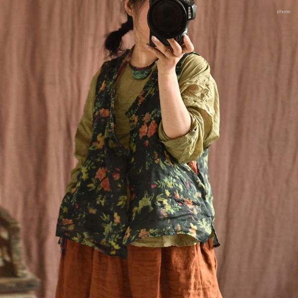 Женские жилеты Johnature Women Vintage Print Floral Summer Coats 2023 Китайский стиль Рами высокий качество