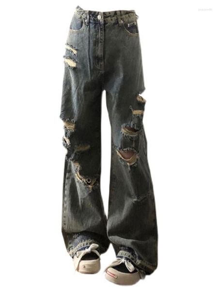 Jeans da donna Donna Moda giapponese Baggy Grunge Hole Gamba larga Strappato Baddie Gyaru Denim Pantaloni Y2k Streetwear Pantaloni lunghi Harajuku