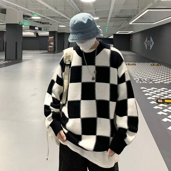 Мужские свитеры мужчины Harajuku Fashion Black White Belaboard Plaid Print Print Sweater осень зимняя зима O-вырезок.