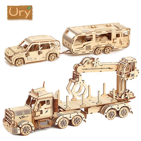 Quebra-cabeças 3D Ury 3D Quebra-cabeça de madeira Movable Retro Biplano Crane Bulldozer Truck Handmade Assembly Truck Model DIY Toys Decoration Gift for Kids 230616