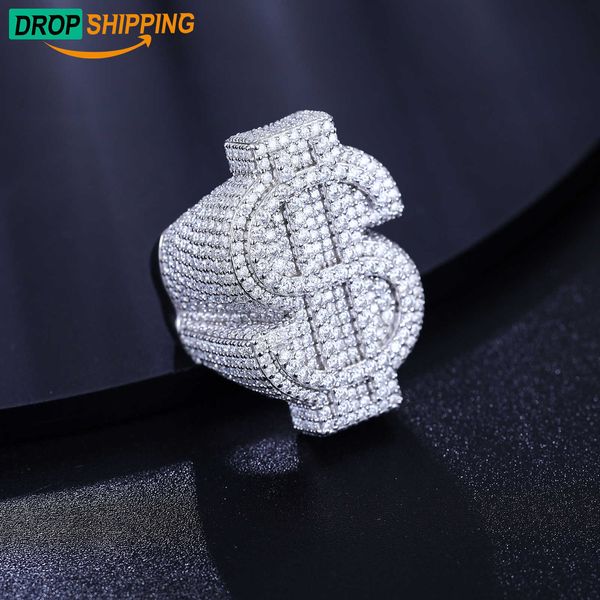 Dropshipping Hip Hop Sieraden Wit Vergulde Zilveren Moissanite Diamond Iced Out Usd Dollar Ring voor Mannen