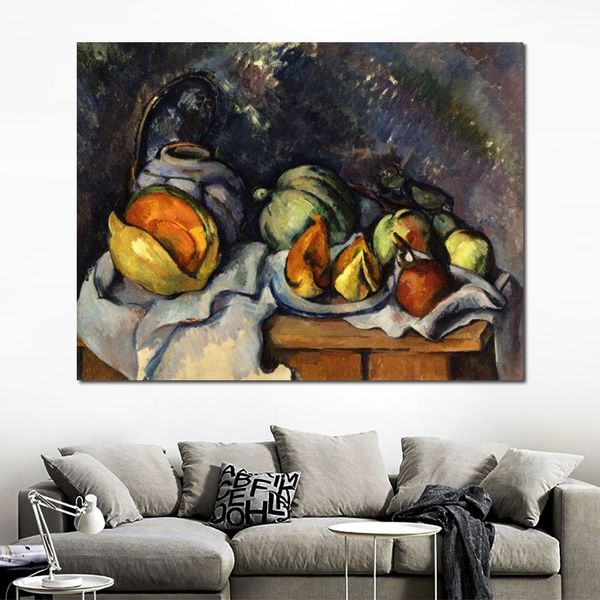 Quadro impressionista su tela Natura morta con frutta e vaso di zenzero Paul Cezanne Pittura a olio fatta a mano Opera d'arte Camera moderna