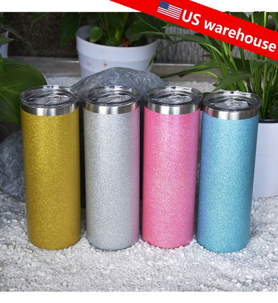 US Warehouse Straight Skinny Tumbler 20oz Chuncky Glitter Colorful Cup Sparkling Lampeggiante Bottiglia d'acqua Doppia parete Tazze in acciaio inossidabile Vuoto isolato veloce