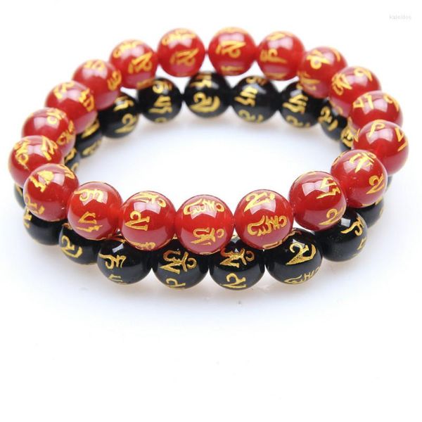 Charm Armbänder 10mm Schwarz Rot Buddha Sechs Wort Natürliche Perlen Perlen Armband Für Männer Geschenk Chakra Erkek Bileklik Homme