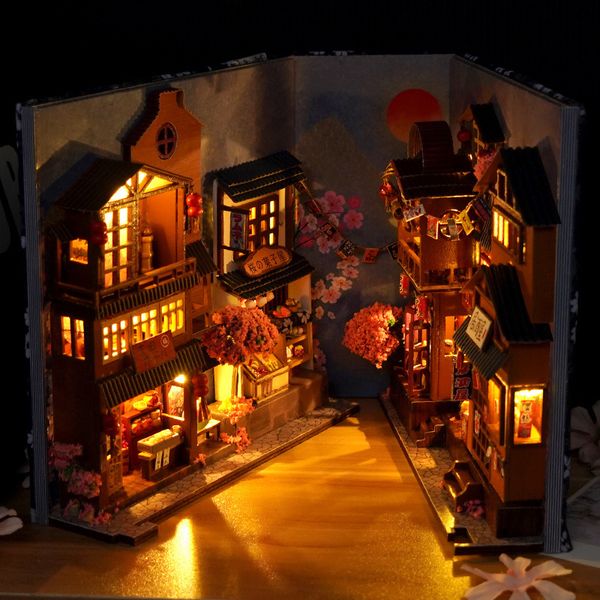 Quebra-cabeças 3D DIY Livro Recanto Prateleira Casa de Boneca Miniatura Estante de Madeira Inserir Miniaturas Casa Modelo Kit Anime Coleção Brinquedos Presentes de Aniversário 230616