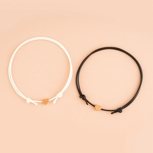 Braccialetti di collegamento 2pcs braccialetto di fascino a forma di cuore fatto a mano sottile filo di corda nera bianca per uomo donna gioielli coppie