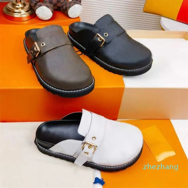 2023-Men Easy Slide Cozy Comfort Mules Women Luxury Leather Flat Sandália Platform Fashion Summer Flowers Shoes 35-45