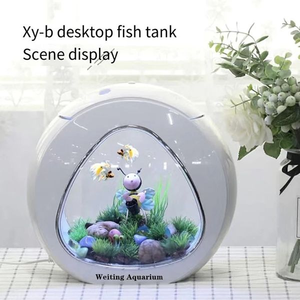 Aquários Weiting aquário pequeno tanque de peixes mini desktop aquário criativo aquário dourado iluminação LED vem com filtro doméstico peixe bronzeado 230617