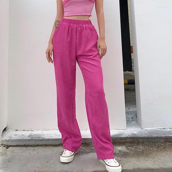 Pantaloni da donna increspati a vita alta larghi in velluto a coste 2023 autunno donna pantaloni dritti elastici rosa tinta unita pantaloni sportivi da tasca allentati da donna