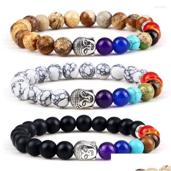 Perlenstränge 7 Chakra Armbänder Natürliche Männer Lava Rock Tigerauge Stein Buddha Kopf Armreifen Yoga Modeschmuck Freund Geschenk Lars22 Dhfhk