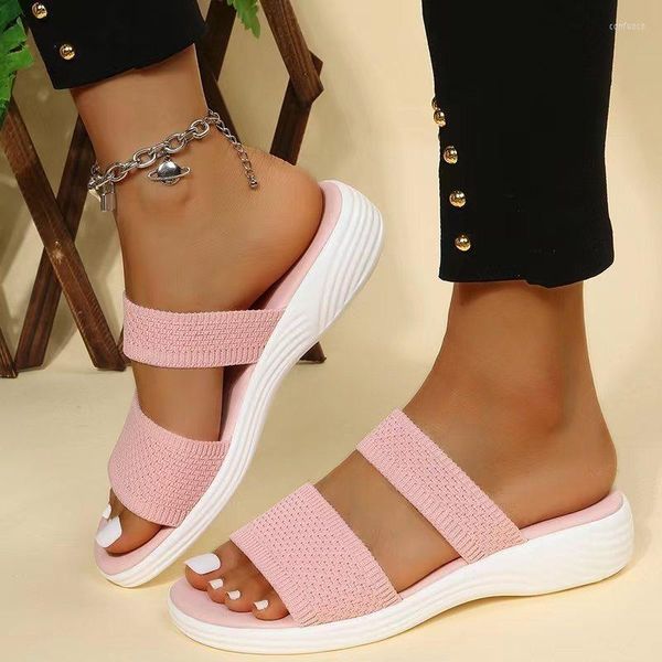 Slippers Wedge Женщины -Привязанная модная тренд плоские римские пляжные туфли летние твердые ткани дышащие досуг досуг