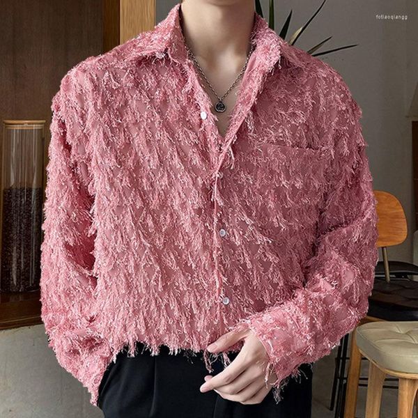 Camicie casual da uomo primavera coreana vintage in pizzo camicia da sera abbigliamento da uomo vedere attraverso sottile protezione solare manica lunga maschile