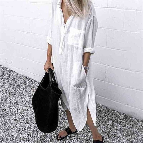 Temel gündelik elbiseler kadınlar için yazlık elbise keten maxi gömlek bayanlar zarif vestidos kadın tunik artı boyut 5xl uzun beyaz 210715