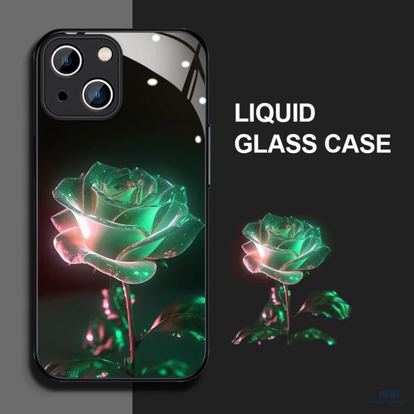 Hülle aus gehärtetem Glas für iPhone 15 14 13 12 11 Pro Max Kristallblume Rosengemälde Mode Anti-Fingerabdruck-Schutzhülle XR