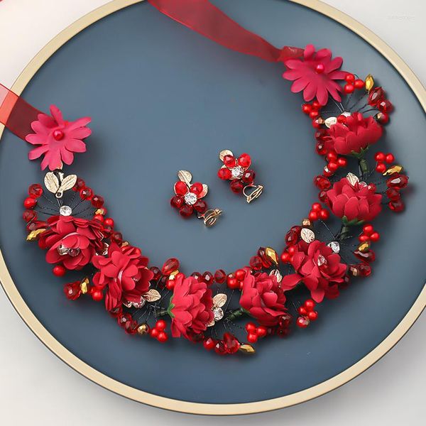 Conjuntos de brincos de cabeça de casamento de flor de cristal de pérola vermelha para joias femininas, joias, tiara, coroa de flores, coroa de noiva, acessórios