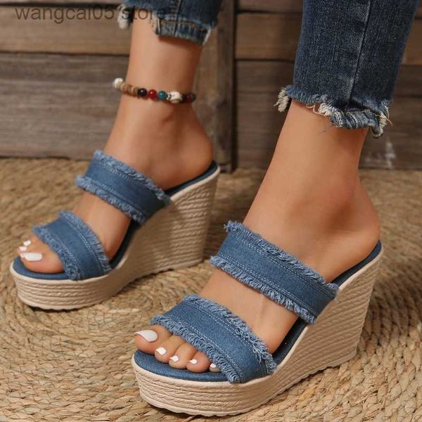 Chinelos Feminino Denim Str Feminino Alpargatas Mules Chinelo Sandálias 2023 Slip On Plataforma Lazer Verão Cunhas Sapatos de Salto Alto T230711