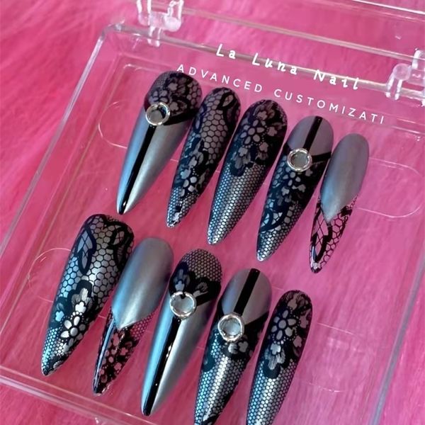 Unhas Postiças Punk Y2k Renda Escuro Artesanal Longo Salto Alto Ponta de Unha Postiça Sexy Prensagem Nail Art Curto Unha Postiça Personalização Gótica 230617