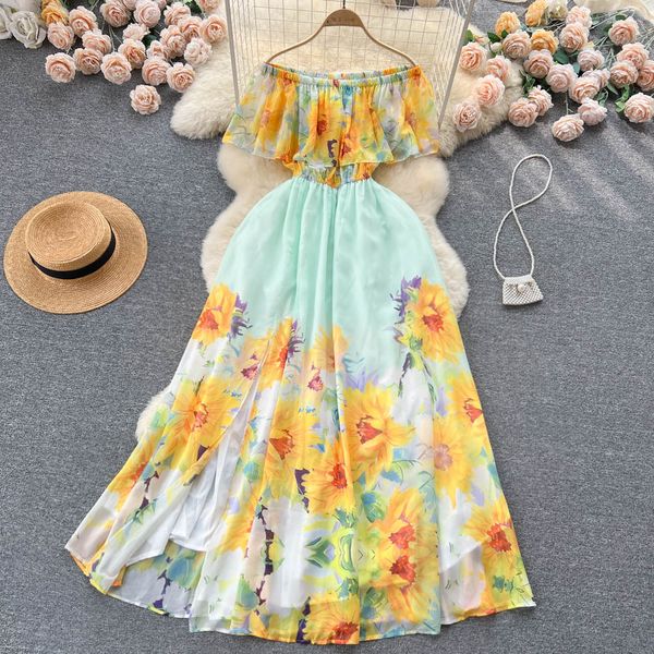 Vestidos sensuais urbanos verão ombro a ombro moda passarela maxi vestido feminino decote reto elástico cintura alta divisão flores impressão festa de fim de ano robes longos 2023