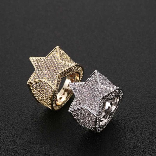Anéis de banda Hip hop cheio de diamantes microconjunto zircão Pentagrama anel jóias masculinas 7-12 230610