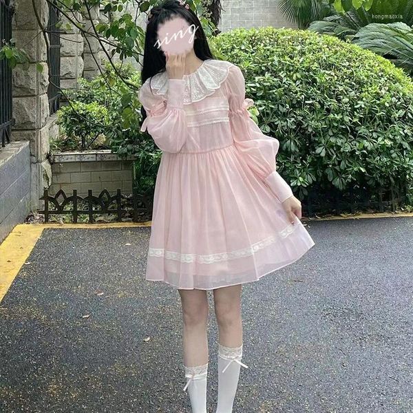 Casual Kleider Frauen Süße Kawaii Spitze Design Rosa Mini Kleid Koreanischen Stil College Trendy Goth Sommer Langarm Sexy Party