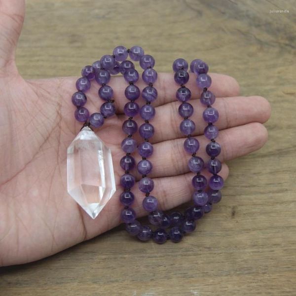 Anhänger-Halsketten, natürliche Amethysten, 8 mm runde Perlen, Mala-Halskette, geknotet, handgefertigte Kristall-Doppelpunkt-Anhänger, Yoga-Gebetsschmuck QC0111