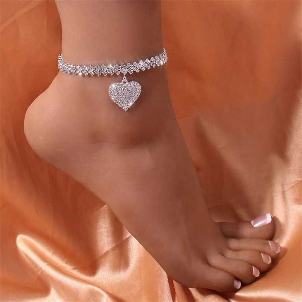 Cavigliere Moda a forma di diamante strass ciondolo cuore cavigliera estate spiaggia gioielli catene piede per le donne ragazze fascino regolabile 230607