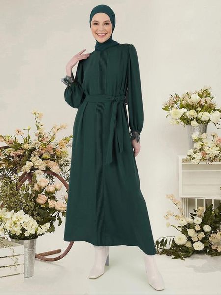 Этническая одежда мусульманские женщины зеленое платье элегантное модное высокое талия платья с длинным рукавом арабская индейка Сниженная кружевная одежда для вечеринок
