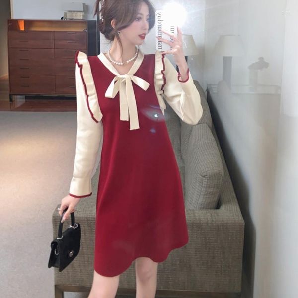 Casual Dresses Frauen Süße Fliege Pullover Kleid Herbst Winter Warme Weiche Elegante Rüschen Koreanische Mode Büro Dame Stricken Lose Vestidos