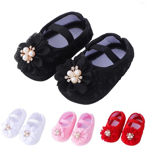 First Walkers Fashion Baby Shoes Infant Girls Pearl Flower Dress Princess Sole Soft Toddler Respirável