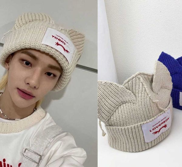 Beanie/Totenkopfkappen BeanieSkull Caps KPOP Stray Kids Felix Same Beanies Katzenohren Hut Gestrickt Süße Wolle Lässige Männer Frauen Accessoires 221128