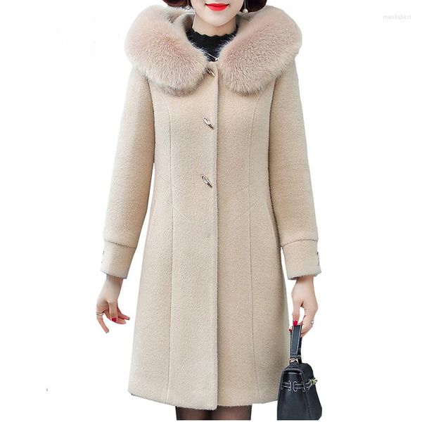 Casaco feminino de pele de inverno de veludo de vison Parker Outwear feminino moda grosso quente mãe longo com capuz casacos de lã 2023 outono jaqueta feminina