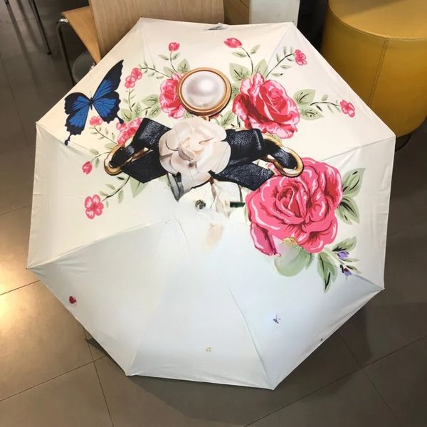 Luxe Paraplu Outdoor Regenachtige Parasols Designer Bloem Afdrukken Vrouwen Vijf-opvouwbare Paraplu Zonnescherm Proof