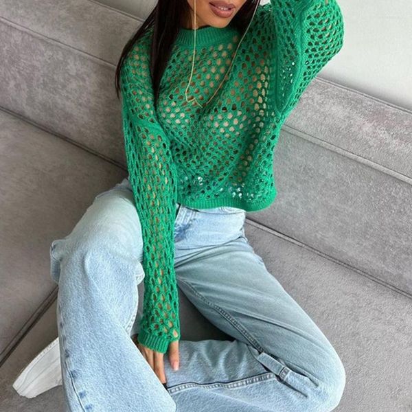 T-shirt da donna Ladies Crochet Hollow Out Pullover Solid Autunno Estate Manica lunga See Through Roud Collar T-shirt larghe Y2K Streetwear