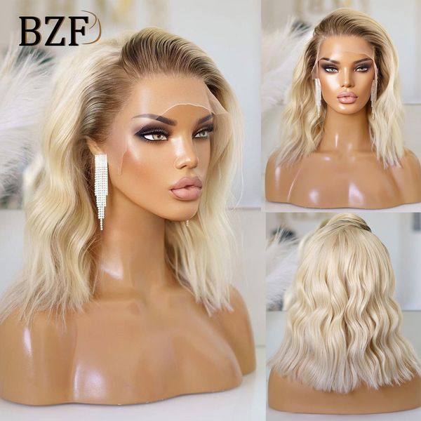 Spitze-Perücken, Ombre, kurz, gewellt, blond, vorne, Bob, für Frauen, Cosplay, farbige Perücke, 200 Dichte, dunkle Wurzeln, leimlos, 613, synthetisch, 230617