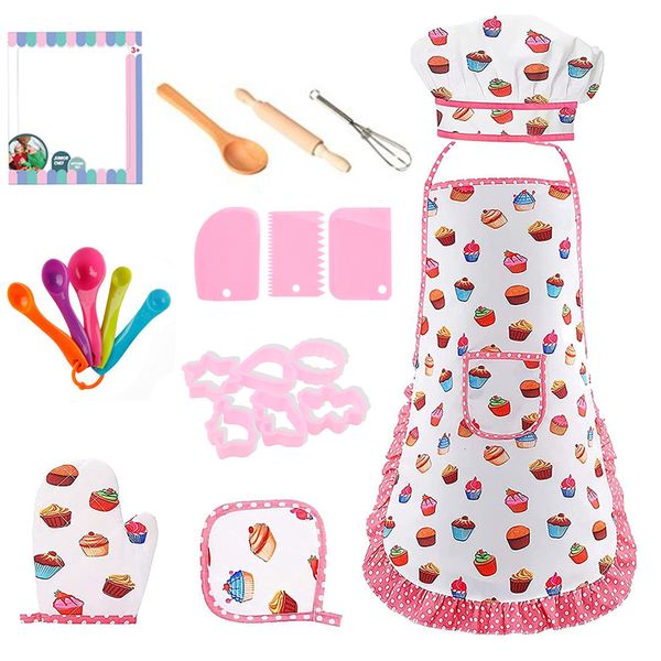 Кухни играют в еду 411ps Kids Cooking Arpron Gloves Set Set Pink Пасхальный Хэллоуин Детский шеф -повар кухонный разрыхли